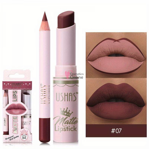 Ruj solid pentru buze 2 in1 USHAS Matte & LipLiner Cod 07 Merlot